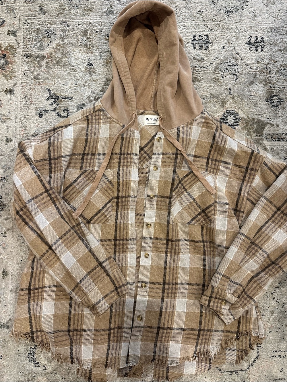 New in Plaid Hooded Button-Down Shirt Jacket - Camel White